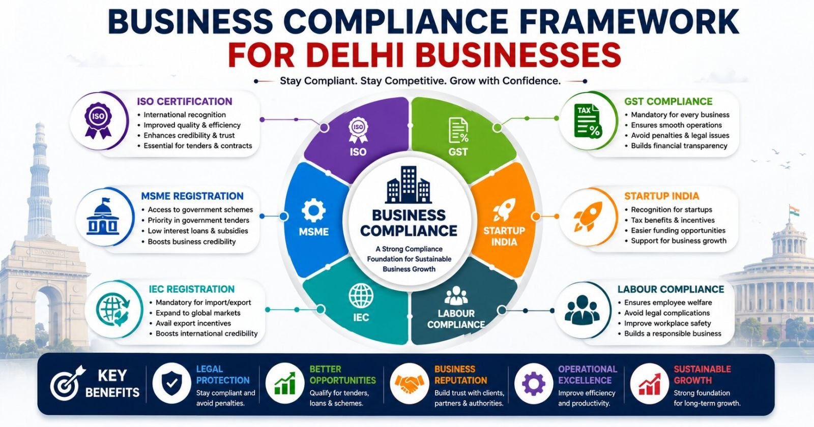 Business compliance framework for Delhi businesses including ISO certification GST MSME Startup India IEC and labour compliance