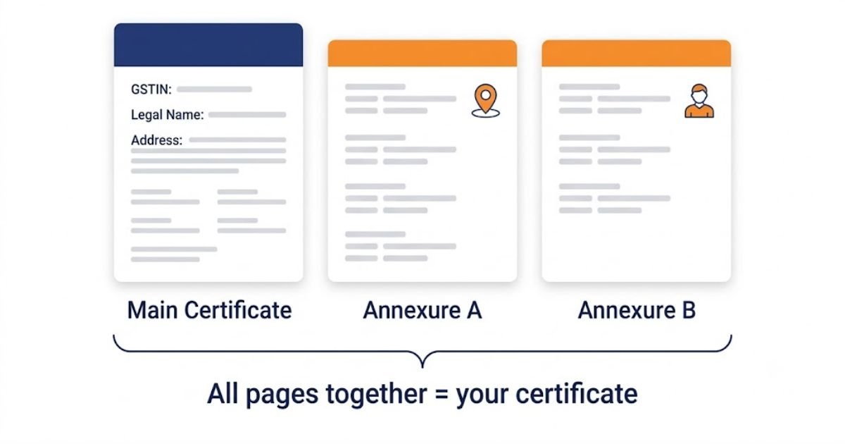 Pages of the GST REG-06 certificate showing the main page, Annexure A and Annexure B