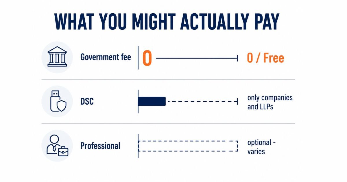 Breakdown of GST registration costs - government fee zero, DSC and professional optional