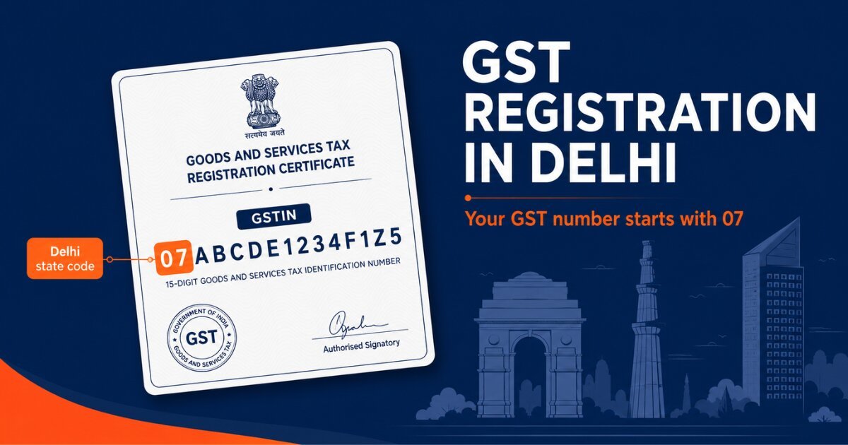 GST registration in Delhi showing GSTIN starting with Delhi state code 07