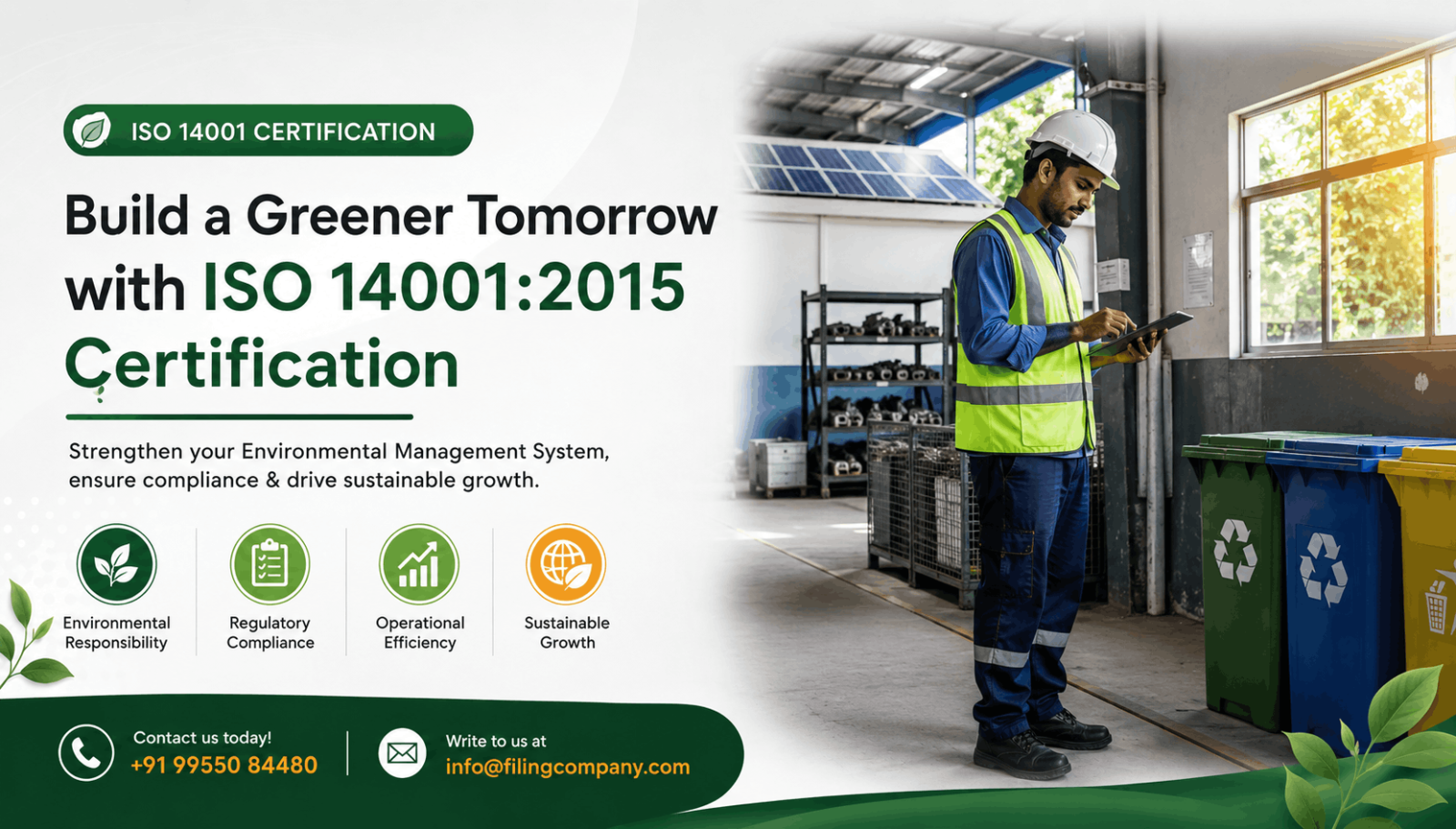 Indian manufacturing facility implementing an ISO 14001 environmental management system with waste segregation and energy-efficient practices