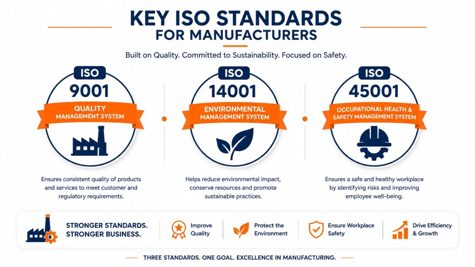 ISO 9001, 14001 and 45001 certification standards for manufacturing
