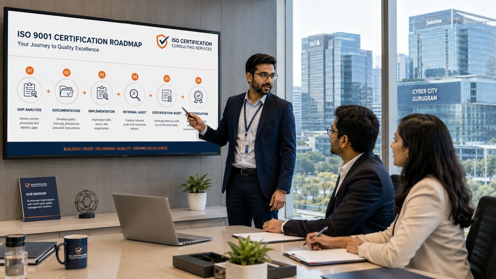 A professional photorealistic scene of an ISO consultant meeting a small-business owner in Bhopal, Madhya Pradesh, reviewing certification paperwork at a tidy office desk. Subtle Upper Lake (Bhojtal) and city skyline visible through the window. Navy blue (#0d2d52) and orange (#f58220) accents on folders and branding. Warm professional daylight, sharp focus, trustworthy tone, 16:9 landscape.