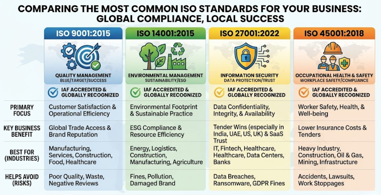 Detailed comparison of ISO 9001, 27001, 14001, and 45001 standards for businesses in India and global markets.