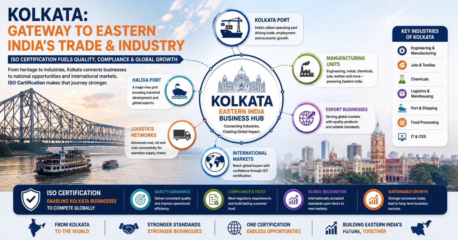 Kolkata trade and industry hub showing how ISO certification supports exports logistics manufacturing and global business growth