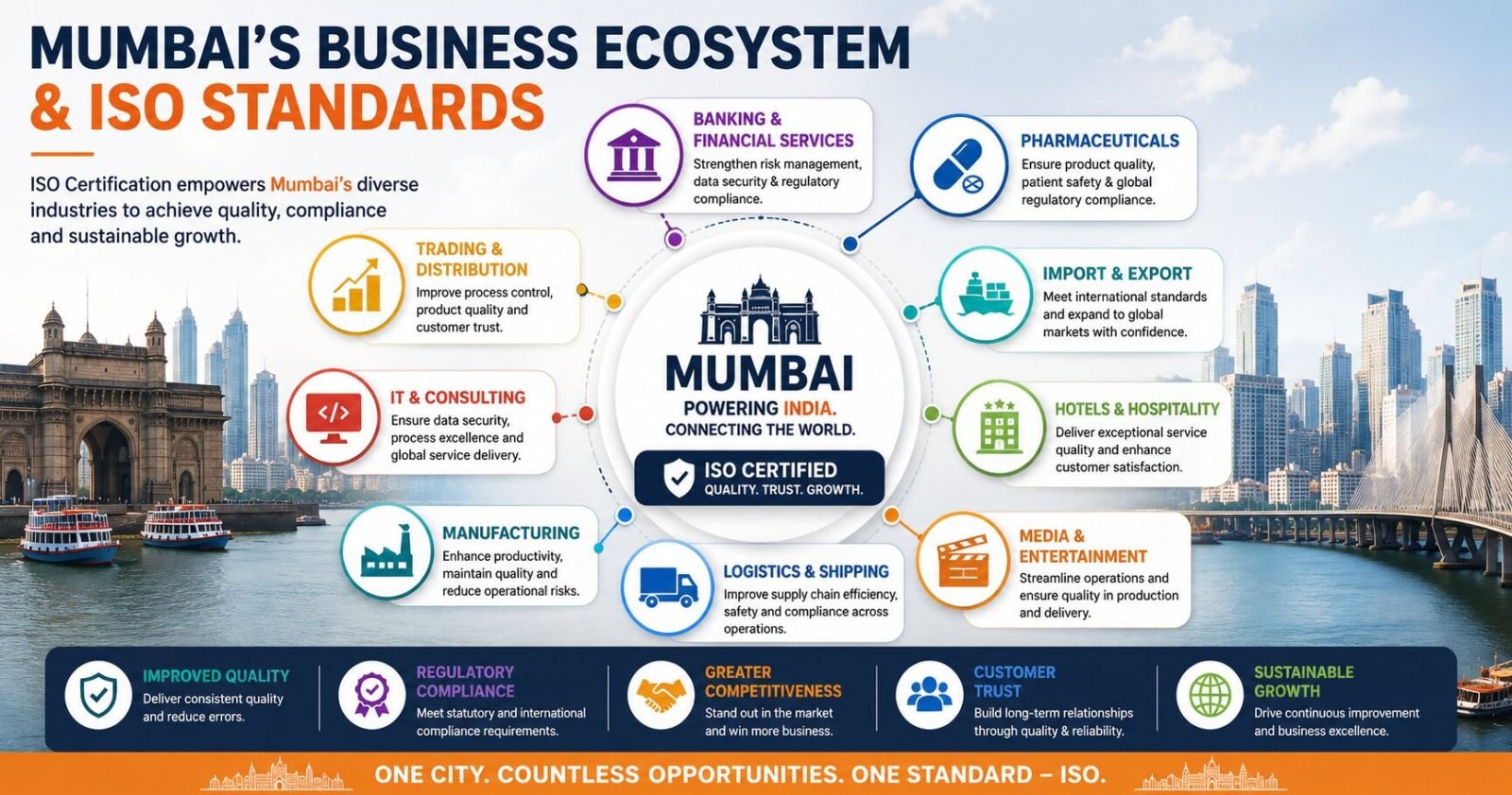 Mumbai business ecosystem using ISO standards across banking pharmaceuticals logistics manufacturing and export industries
