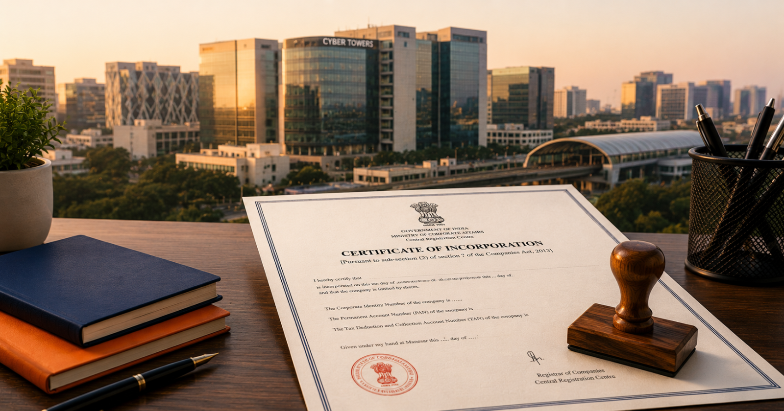 Private limited company registration in Hyderabad with HITEC City skyline and Certificate of Incorporation