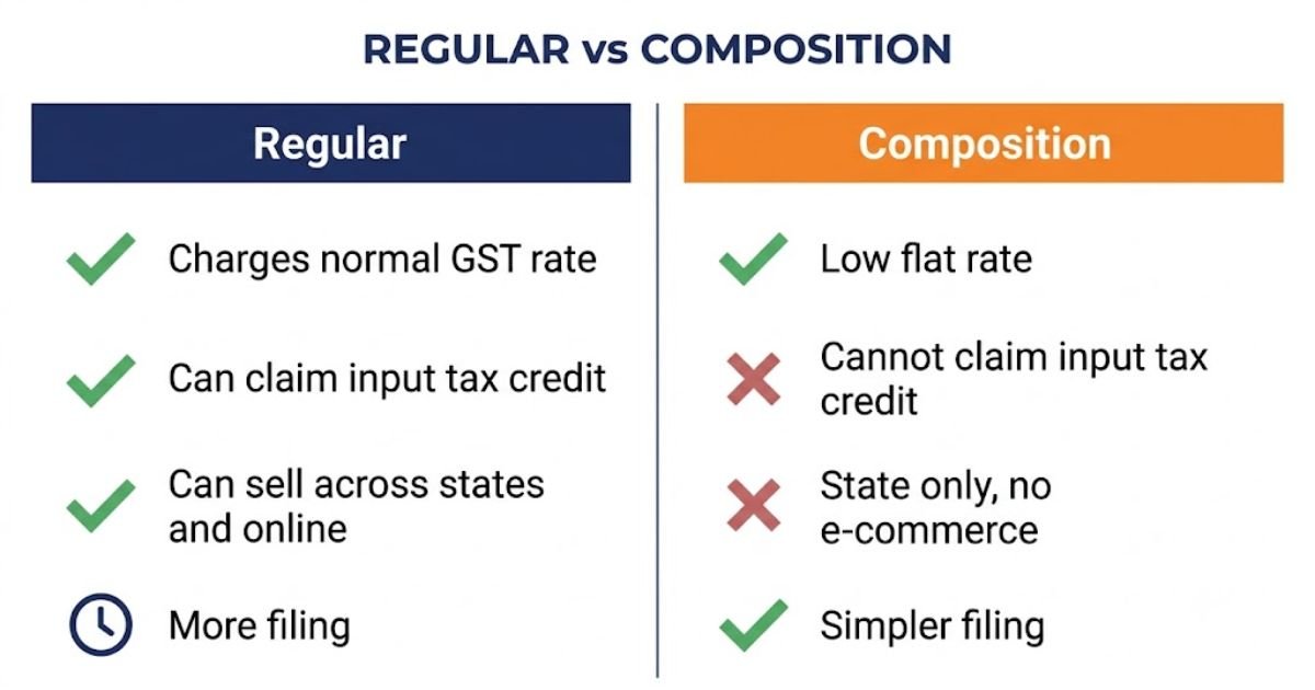 Comparison of regular and composition GST registration on tax rate, input credit and filing